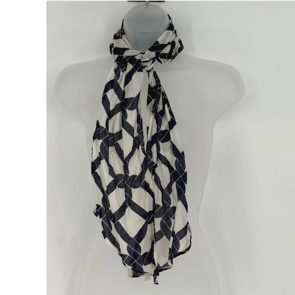Navy Blue White Geometric Chain Link Cotton Scarf Lightweight Coastal Chic 92-20